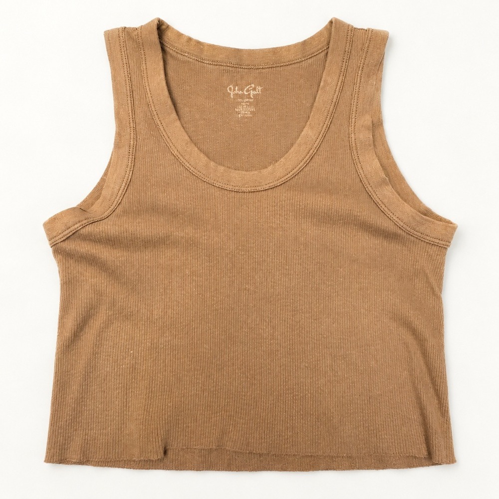 John Galt Womens Ribbed Cropped Tank Top Tan Camel Scoop Neck XS/S Raw Hem